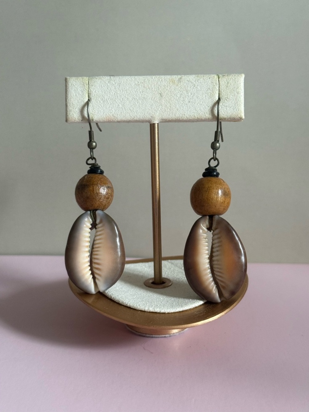 Handmade Brown Shell & Wood Drop Earrings